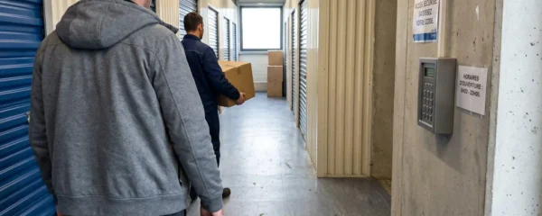 Une personne tape un code d'accès sur un clavier numérique moderne à l'entrée d'un couloir de boxes de stockage, une seconde personne floue porte un carton en arrière-plan