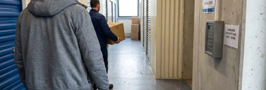 Une personne tape un code d'accès sur un clavier numérique moderne à l'entrée d'un couloir de boxes de stockage, une seconde personne floue porte un carton en arrière-plan