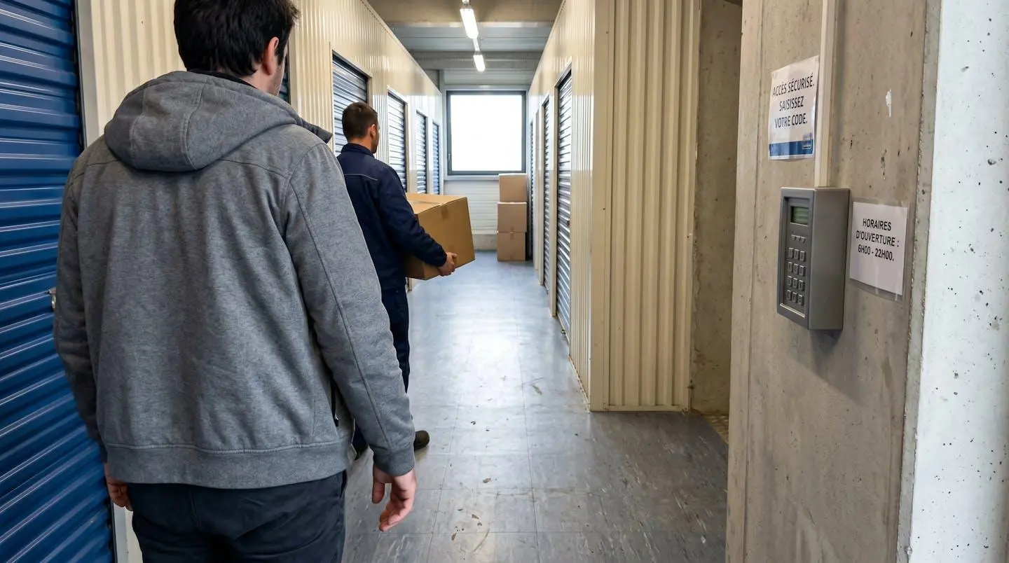 Une personne tape un code d'accès sur un clavier numérique moderne à l'entrée d'un couloir de boxes de stockage, une seconde personne floue porte un carton en arrière-plan