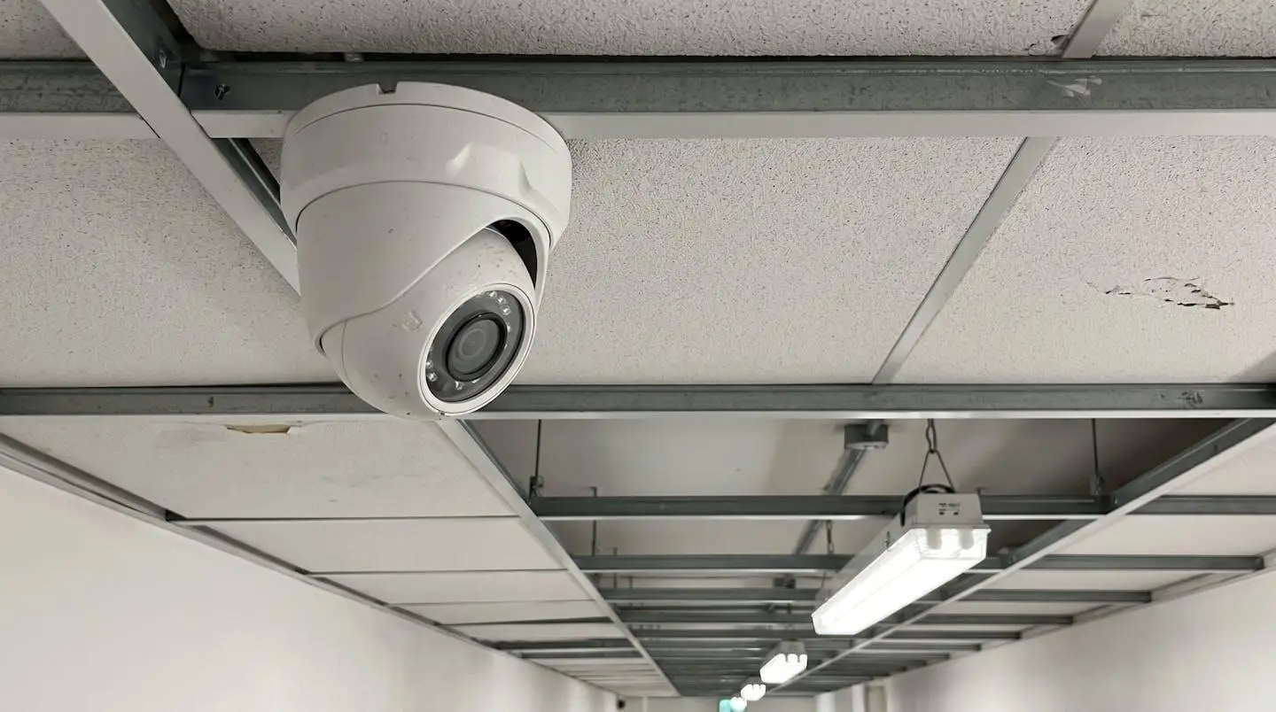 Gros plan sur une caméra de surveillance HD moderne montée au plafond d'un couloir de boxes, focus net sur l'objectif, arrière-plan flouté avec éclairage LED