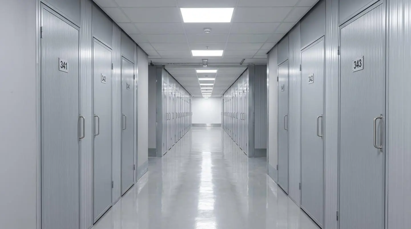 Large couloir vide de boxes de stockage avec portes métalliques numérotées de chaque côté, sol en béton ciré propre, éclairage LED naturel, perspective architecturale moderne