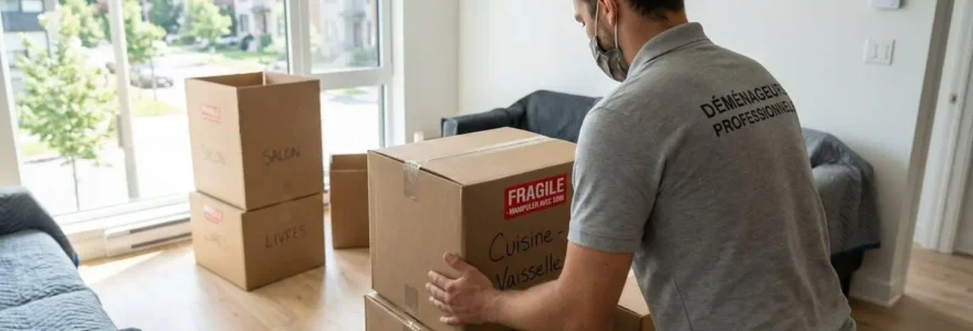 Un déménageur professionnel vu de dos manipule avec précaution un carton marqué 'Fragile' dans un intérieur moderne lumineux