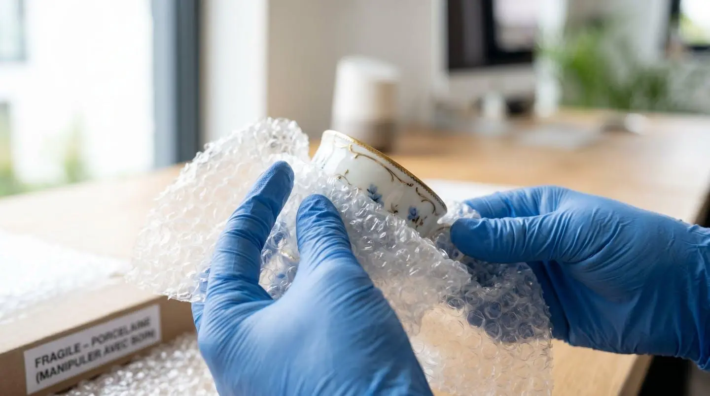 Gros plan sur des mains gantées de professionnel enveloppant avec soin une pièce de porcelaine avec du film bulle et du papier protecteur