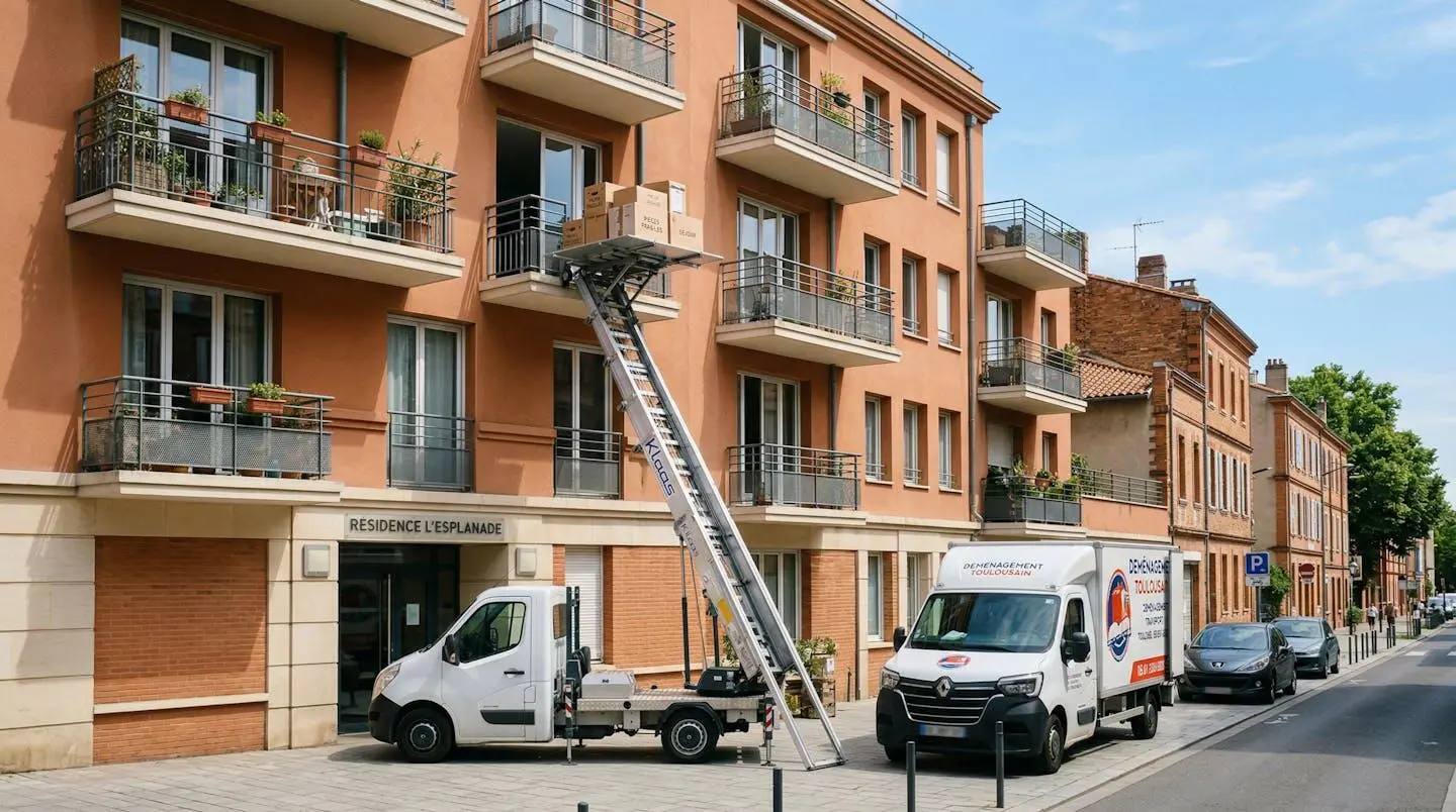 Vue d'ensemble d'un monte-meubles extérieur moderne installé le long d'un immeuble résidentiel contemporain de style toulousain sous un ciel lumineux