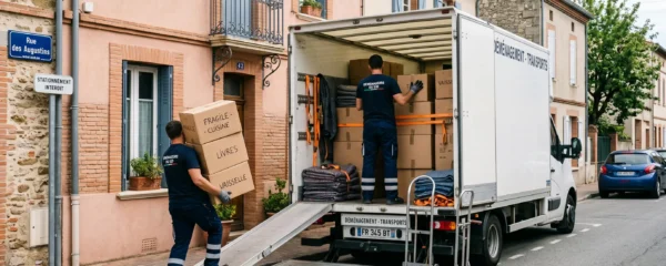 Déménageurs professionnels chargeant un camion de déménagement devant une maison à Montauban avec cartons et équipement de protection visibles