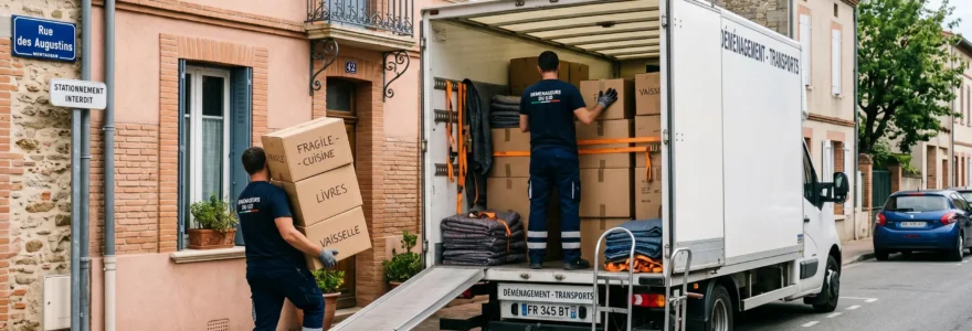 Déménageurs professionnels chargeant un camion de déménagement devant une maison à Montauban avec cartons et équipement de protection visibles