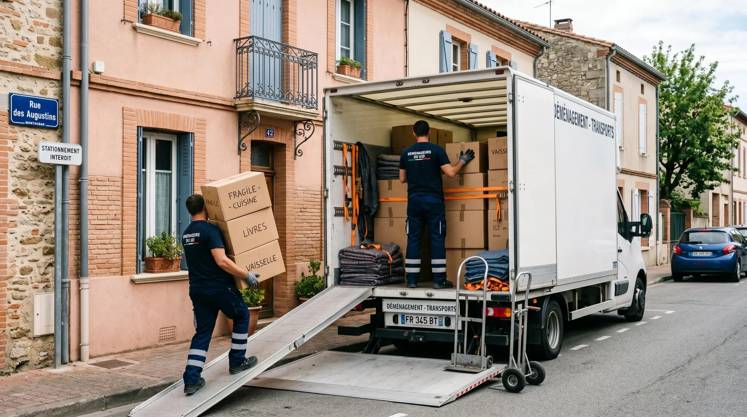 Déménageurs professionnels chargeant un camion de déménagement devant une maison à Montauban avec cartons et équipement de protection visibles