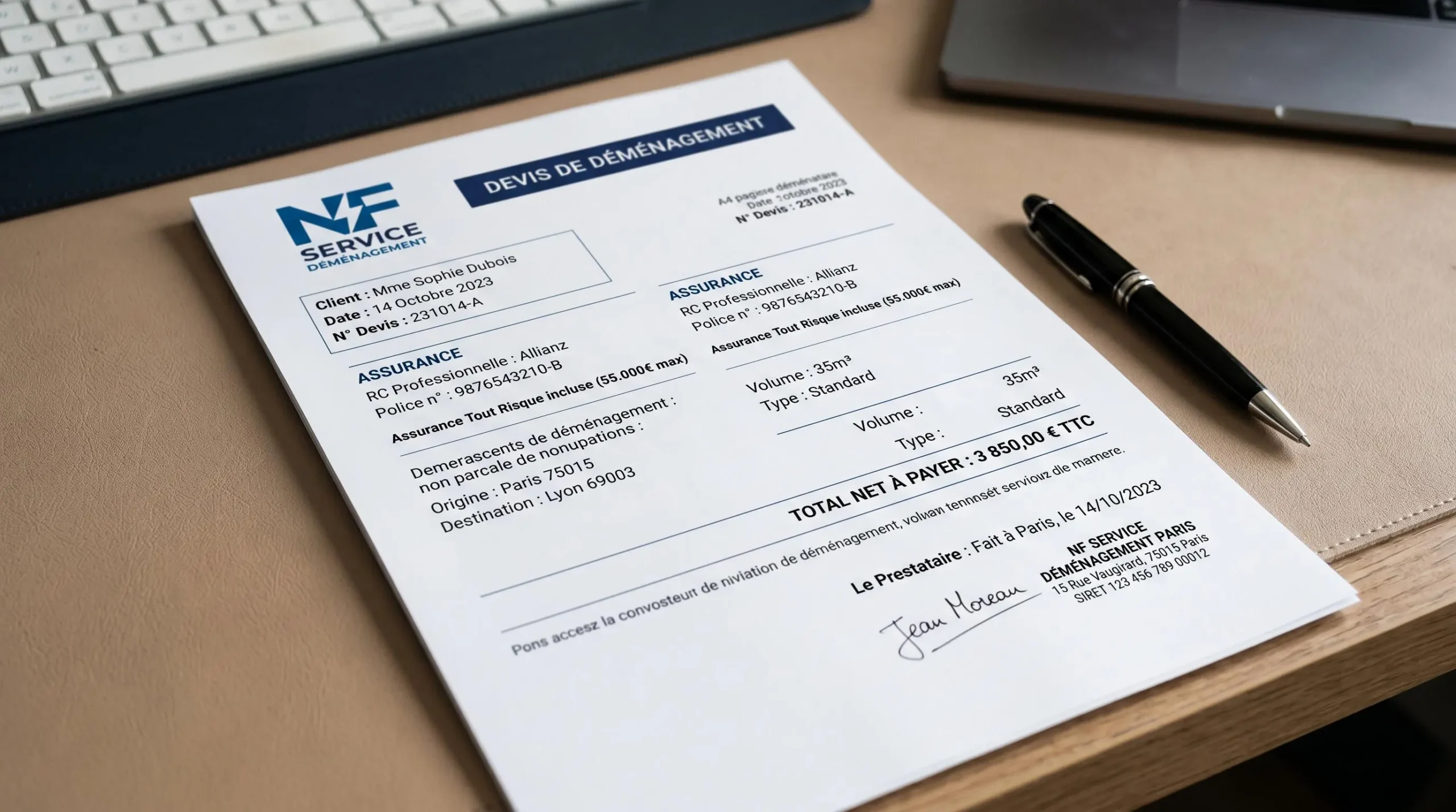 Gros plan sur un devis de déménagement avec mentions visibles de la certification NF Service et de l'assurance RC Professionnelle