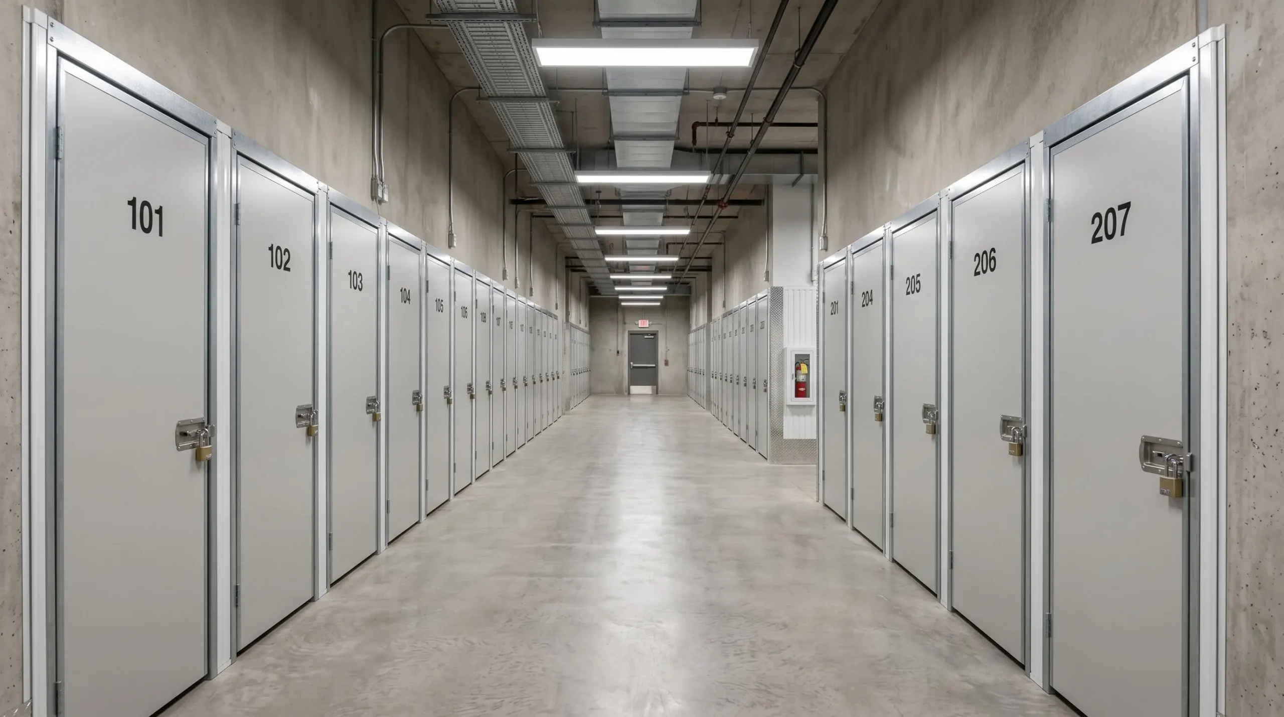 Intérieur d'un garde-meuble professionnel avec boxes de stockage individuels sécurisés, allée centrale propre et bien éclairée