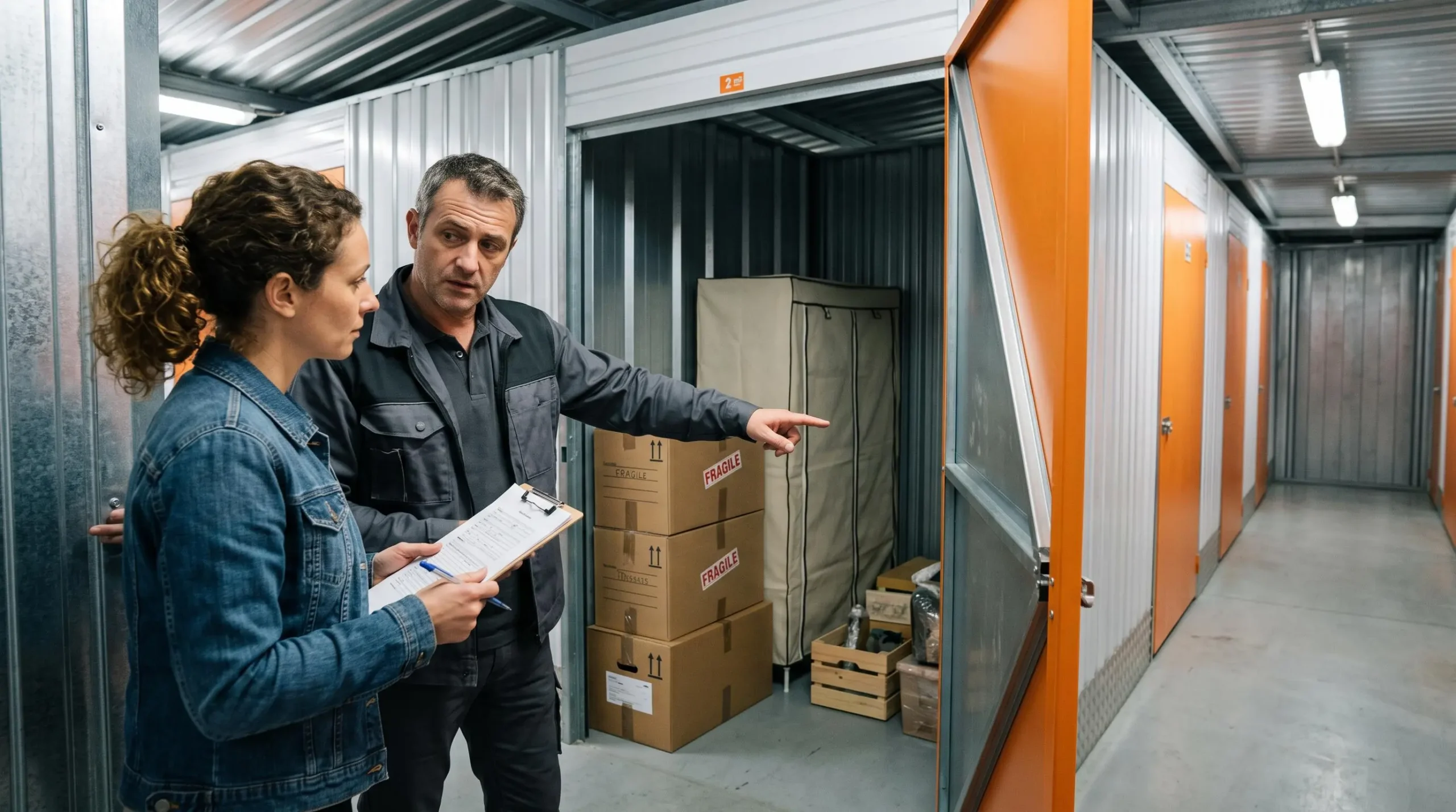 Un employé de centre de stockage montre l'espace disponible d'un box à une cliente tenant une liste d'inventaire.