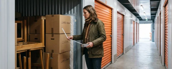 Une femme mesure du regard un box de stockage ouvert rempli de cartons et de meubles dans un centre de self-stockage.