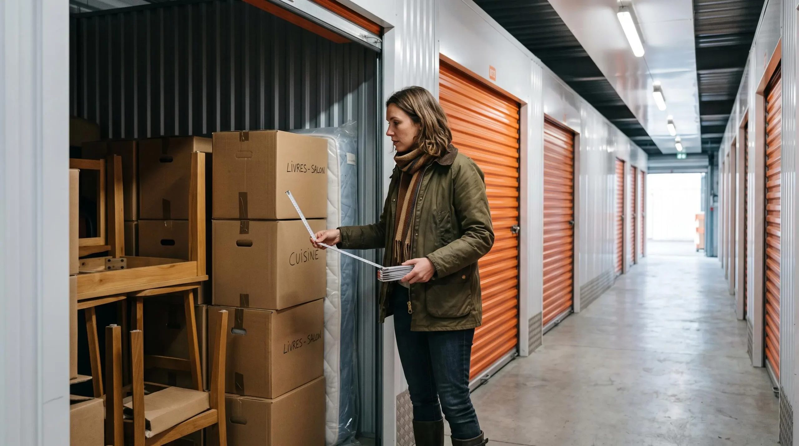 Une femme mesure du regard un box de stockage ouvert rempli de cartons et de meubles dans un centre de self-stockage.